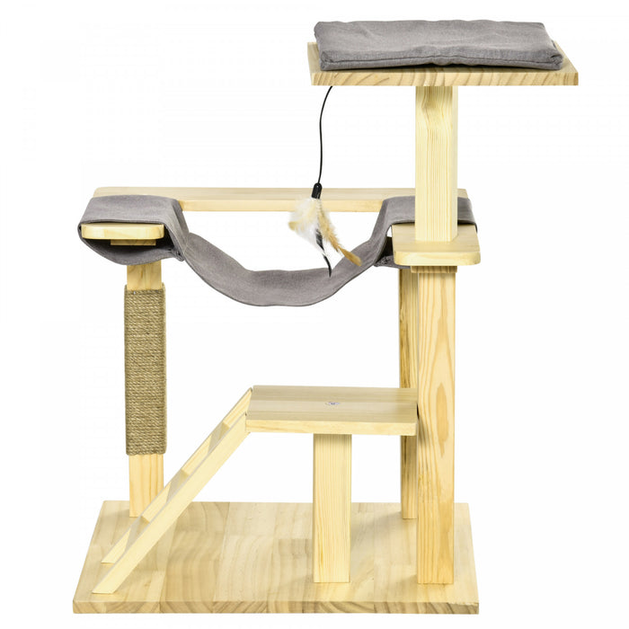 Pawhut 25.5\" Cat Tree Kitty Tower Activity Center Pinewood Cat Climbing Toy Indoor Outdoor Pet Furniture With Jute Scratching Post Bed Perch Hanging Toy Ladder Cushion Natural