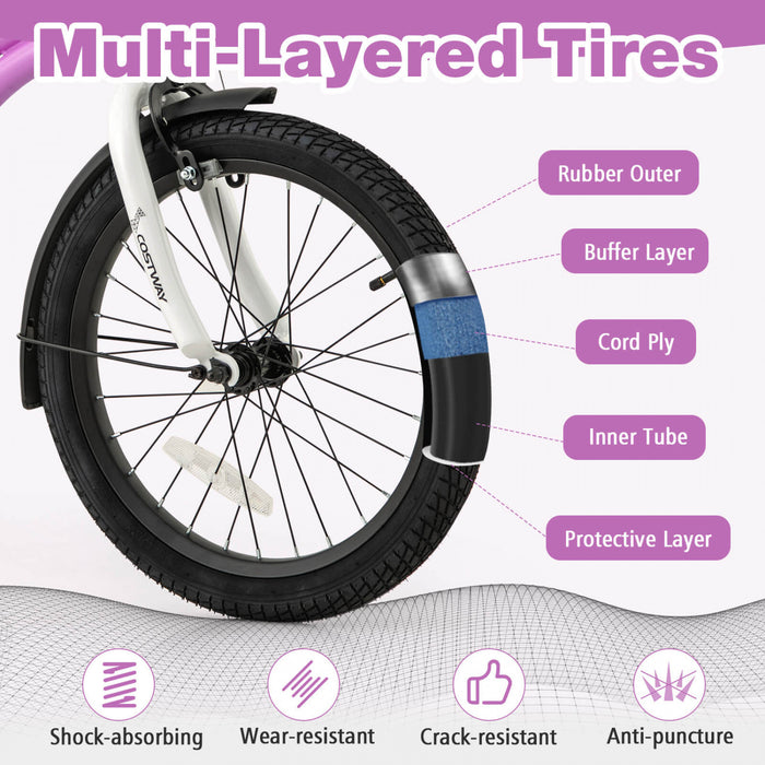 Costway 18\" Kids Bike For 4-8 Years Old Boys & Girls With Adjustable Seat Handbrake Reflectors Purple