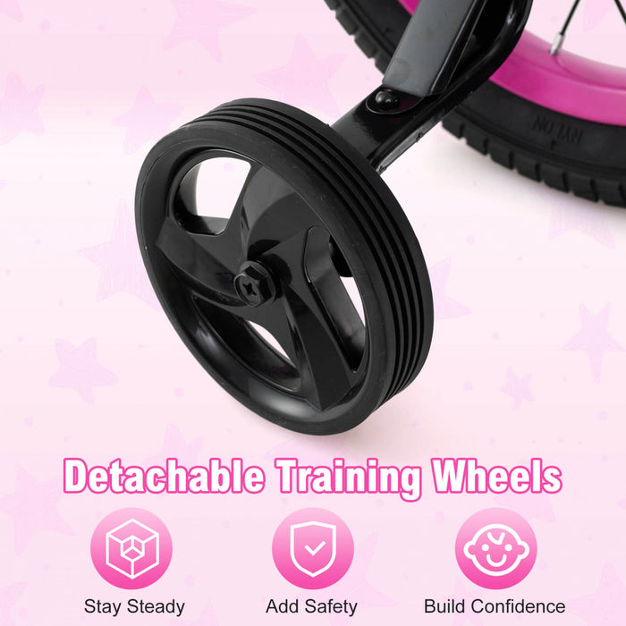 Costway 16\" Kid's Bike With Training Wheels Adjustable Handlebar & Seat Handbrake Pink