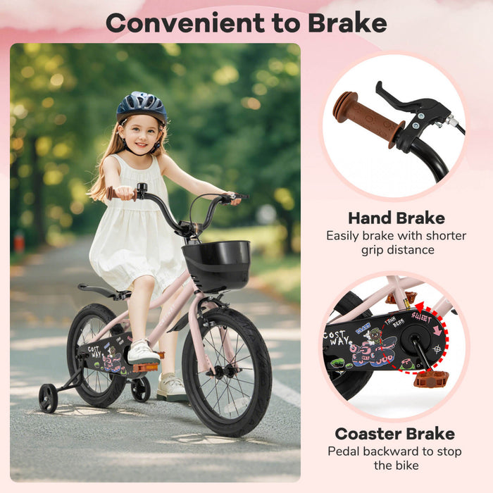 Costway 16\" Kid's Bike With Training Wheels Adjustable Handlebar & Seat Handbrake Pink