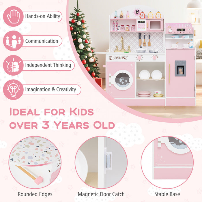 Honeyjoy Kids Kitchen Set Wooden Kitchen Playset With Clock, Microwave, Sink, Dish Rack Pink