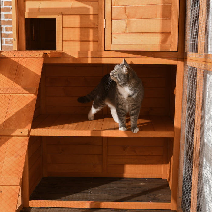Pawhut Large Catio Outdoor Cat Enclosure Weatherproof Cat House With Cat Condo, Indoor Wooden Cat Cage Pet Kennel, 77\"l X 38\"w X 69\"h
