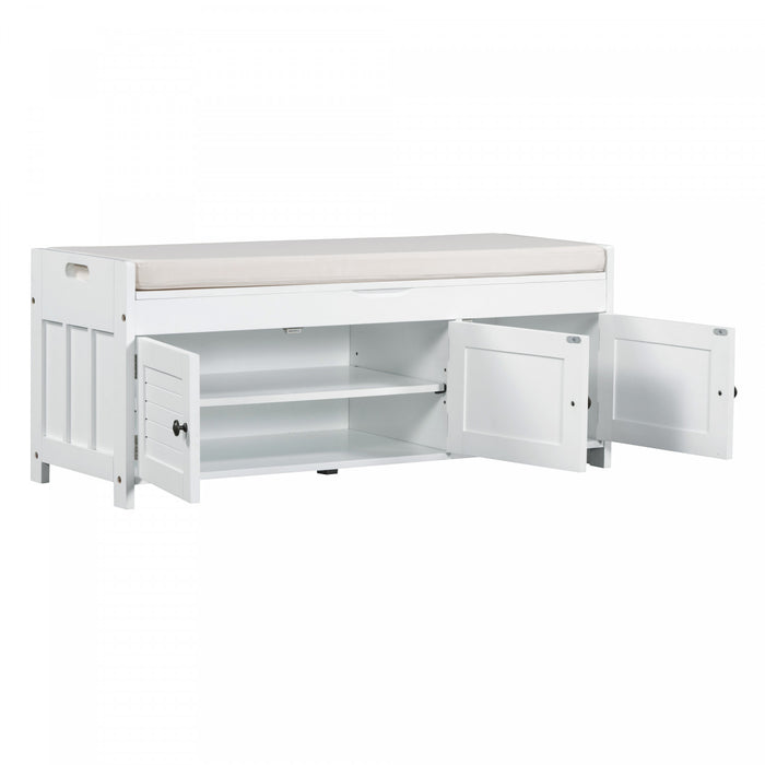 Olivia Pine Wood Storage Bench With 3-door Shoe Cabinet With Hidden Compartment - White