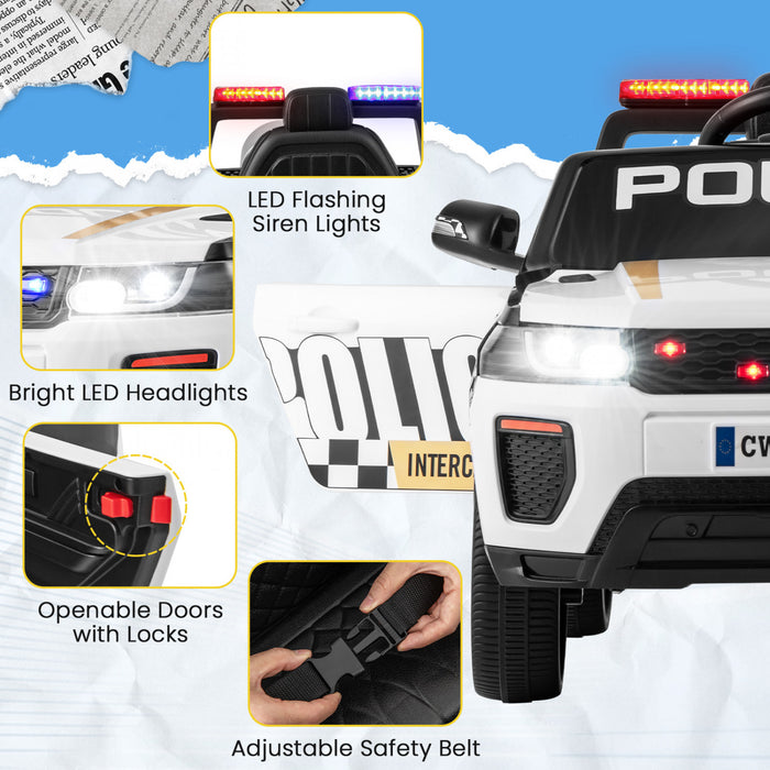 Honeyjoy Kids Ride On Police Car 12v 7a Battery Powered Cop Car With Remote Control White
