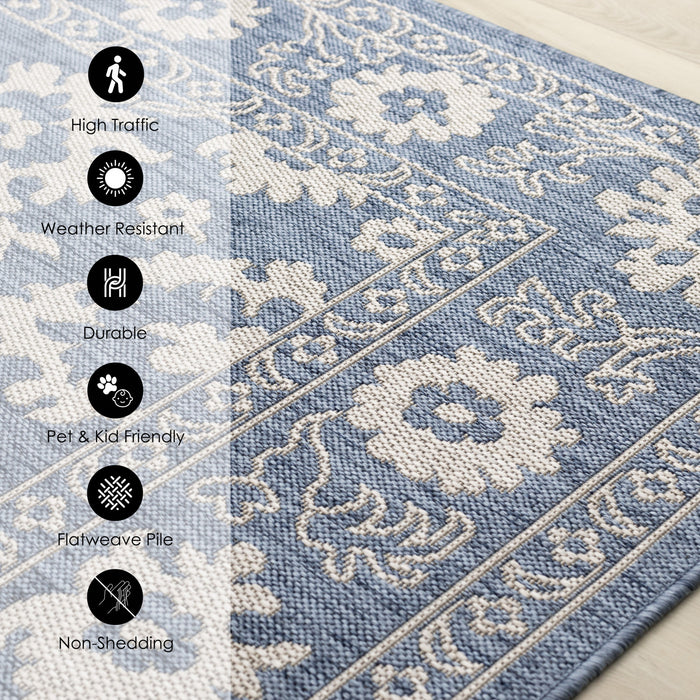 Cabana Blue White Elegant Border Outdoor Rug, 7'10\" x 10'6\" Outdoor Area Rug
