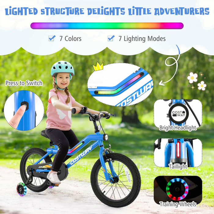 Costway 16\" Led Lighted Kids Bike With Adjustable Seat Coaster Brake Training Wheels Blue