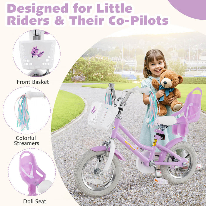 Costway 12 Inch Kids Bike With Training Wheels Doll Seat Basket Streamers Hand Brake Purple