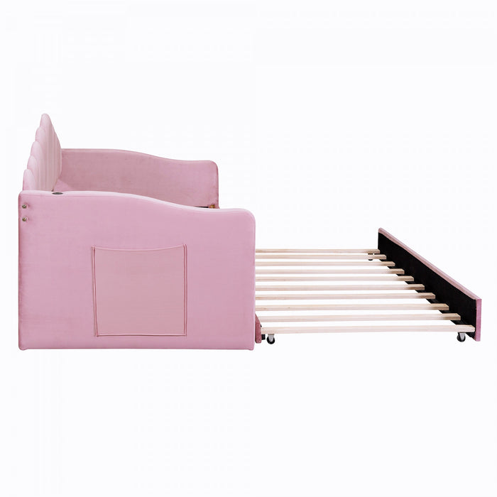 Lily Upholstered Daybed with Trundle and USB Charging Ports,Twin Size,Pink Twin Bed