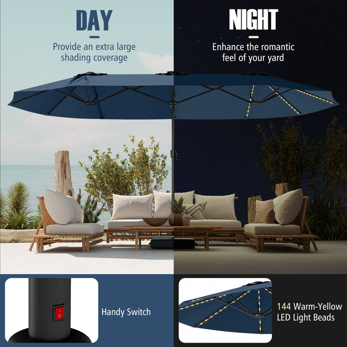 Costway 15.5 FT Extra-Large Patio Umbrella with LED Solar Lights & 12 Heavy-Duty Ribs Navy