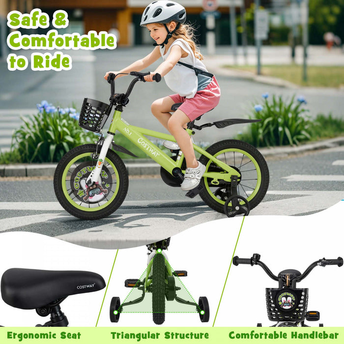 Costway 14\" Kid's Bike For 3-5 With Height-adjustable Handlebar & Saddle Handbrake Green