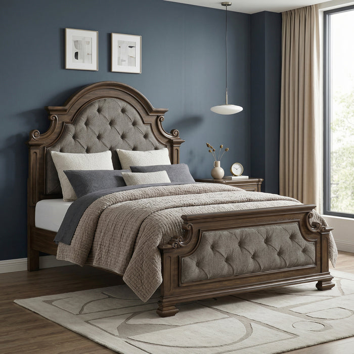 Ambrose Panel Bed with Headboard & Frame, Wooden, Fabric, Brown - Queen Size