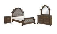 Ambrose 6pc Bedroom Set with Bed, Dresser, Mirror & Nightstand, Wooden, Fabric, Brown - Queen Size 