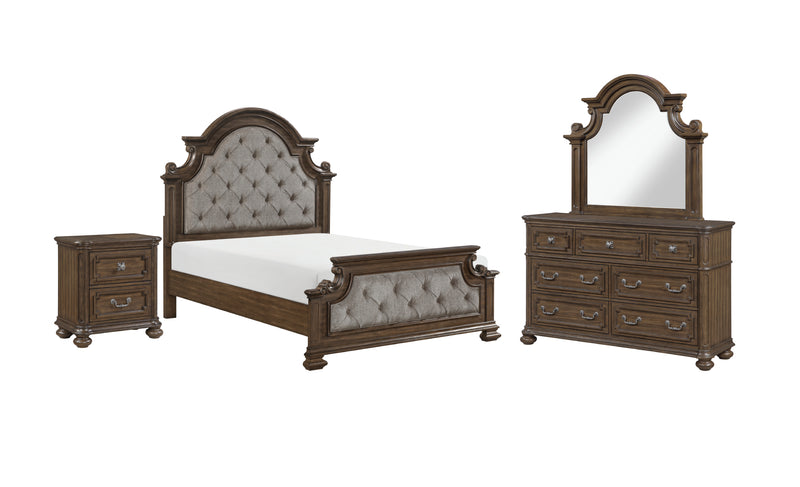 Ambrose 6pc Bedroom Set with Bed, Dresser, Mirror & Nightstand, Wooden, Fabric, Brown - Queen Size
