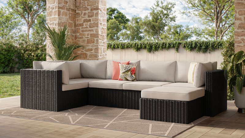 Barbados 6-Piece Outdoor Patio Set with 3 Corner Chairs, 2 Armless Chairs & Ottoman - Hand-Woven Resin Wicker, UV & Weather Resistant - Black/Grey