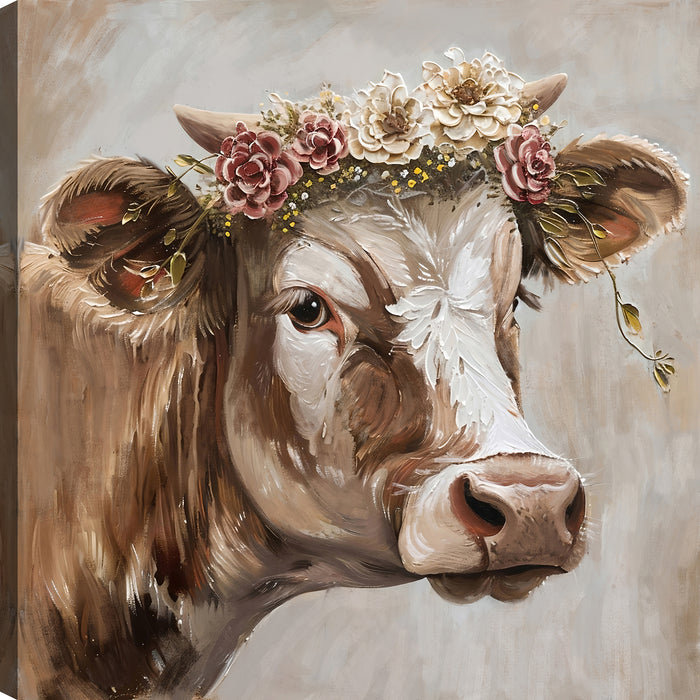 Floral Cow Canvas Wall Art – 24\" x 24\"