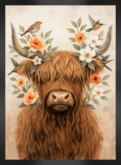 Floral Bull Framed Linen Finish Art - 22\" x 30\"