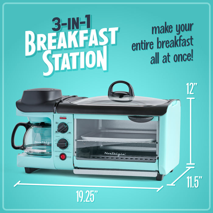 Nostalgia Retro 3-In-1 Family Size Breakfast Station with Aqua Toaster Oven - BST3AQ