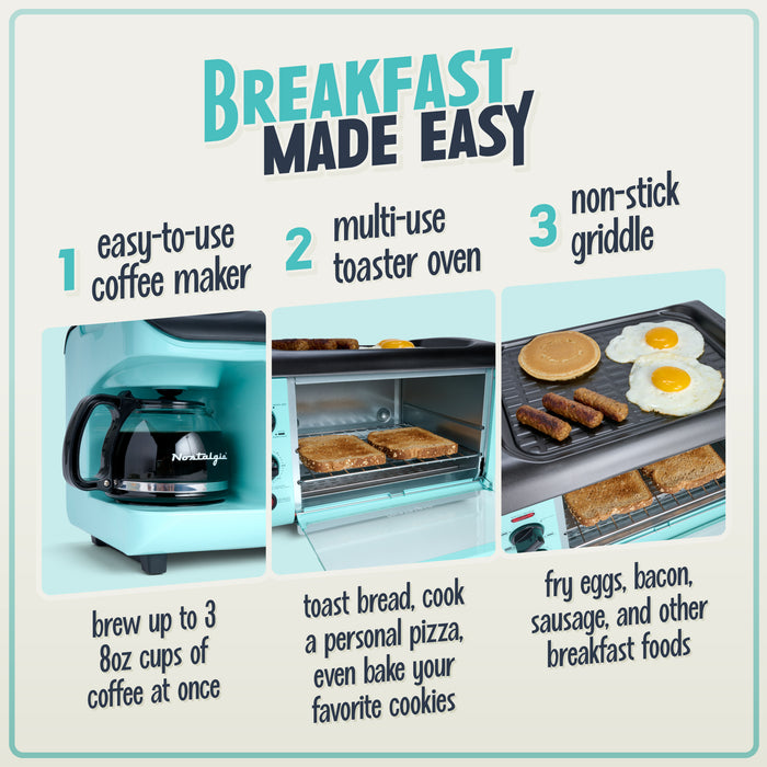 Nostalgia Retro 3-In-1 Family Size Breakfast Station with Aqua Toaster Oven - BST3AQ