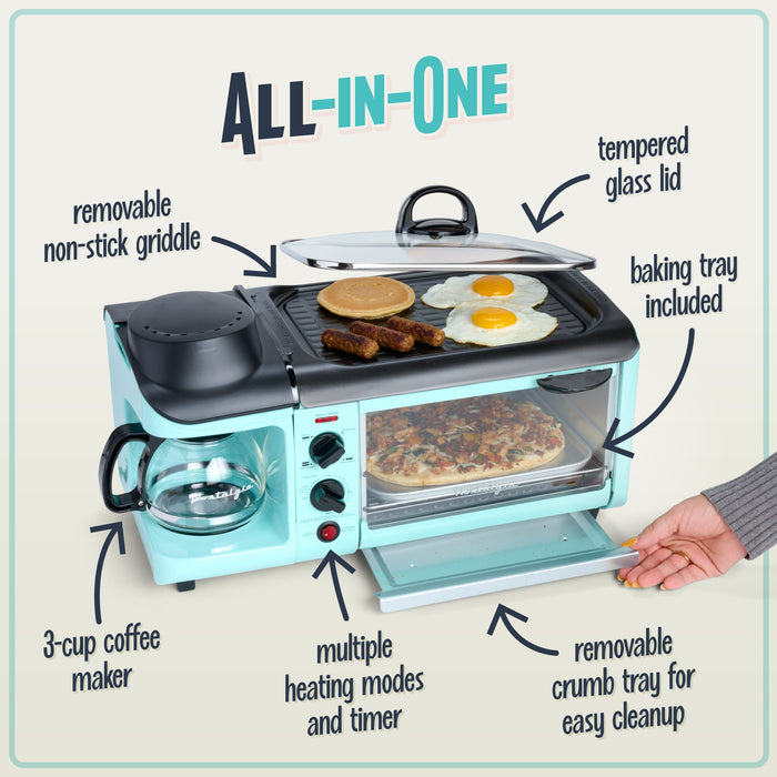 Nostalgia Retro 3-In-1 Family Size Breakfast Station with Aqua Toaster Oven - BST3AQ