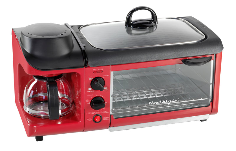 Nostalgia Retro 3-In-1 Family Size Breakfast Station with Red Toaster Oven - BST3RR