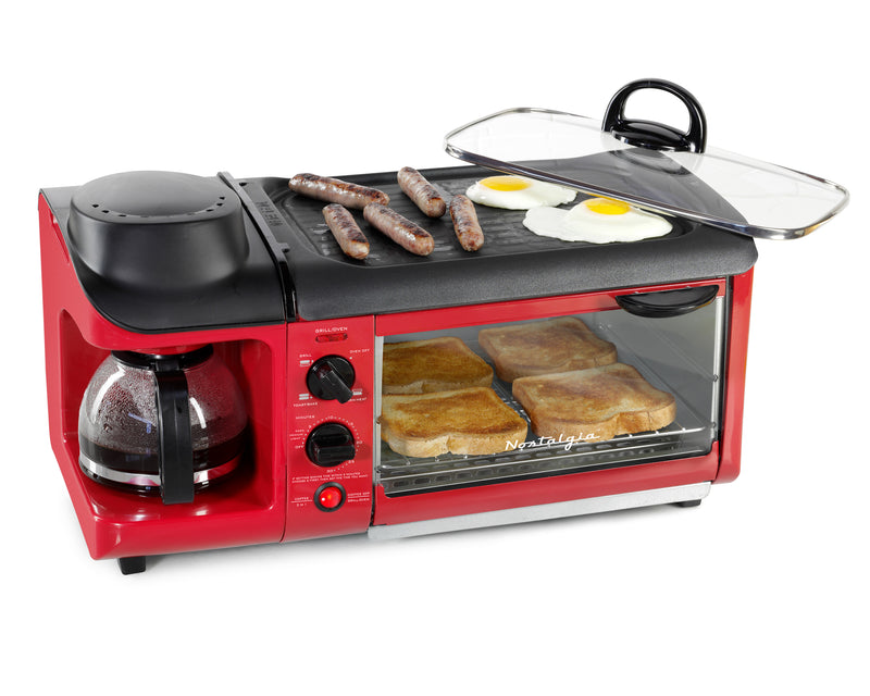 Nostalgia Retro 3-In-1 Family Size Breakfast Station with Red Toaster Oven - BST3RR