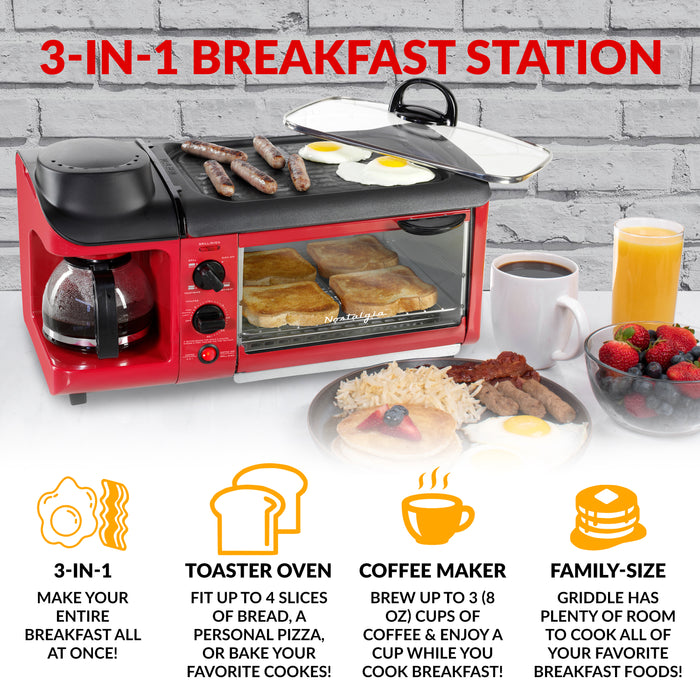 Nostalgia Retro 3-In-1 Family Size Breakfast Station with Red Toaster Oven - BST3RR