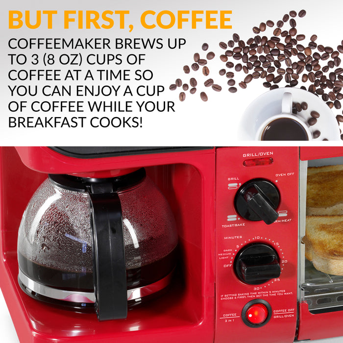 Nostalgia Retro 3-In-1 Family Size Breakfast Station with Red Toaster Oven - BST3RR