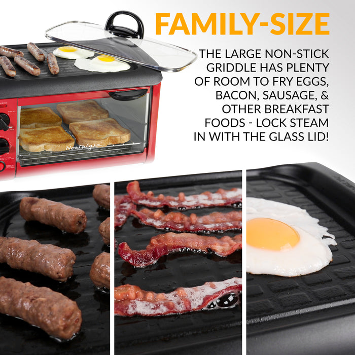 Nostalgia Retro 3-In-1 Family Size Breakfast Station with Red Toaster Oven - BST3RR