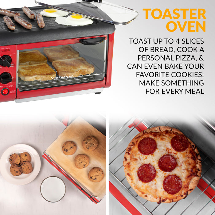 Nostalgia Retro 3-In-1 Family Size Breakfast Station with Red Toaster Oven - BST3RR