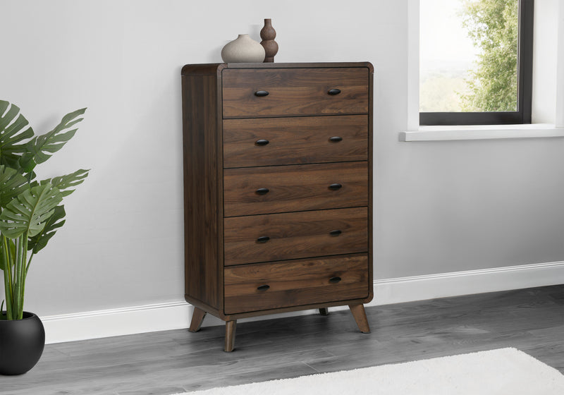 Cami Bedroom Chest of Drawers, 5-Drawer, Mid-Century Modern, 31.5\"W x 50\"H – Brown