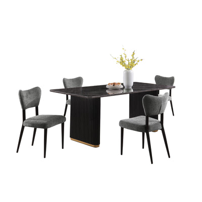 Kort & Co. Capri 5pc Dining Set with Table & 4 Chairs, Gold Accent, Pedestal Base, 72"W – Charcoal | Ensemble de salle à manger Capri de Kort & Co. 5 pièces avec table de 72 po (L), touches dorées, base piédestal et 4 chaises - anthracite