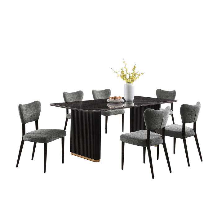 Kort & Co. Capri 7pc Dining Set with Table & 6 Chairs, Gold Accent, Pedestal Base, 72\"W – Charcoal