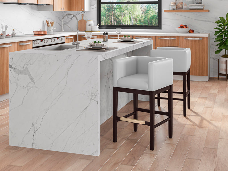 Manhattan Comfort Kingsley 34\" Beech Wood Counter Height Barstool - Ivory & Dark Walnut