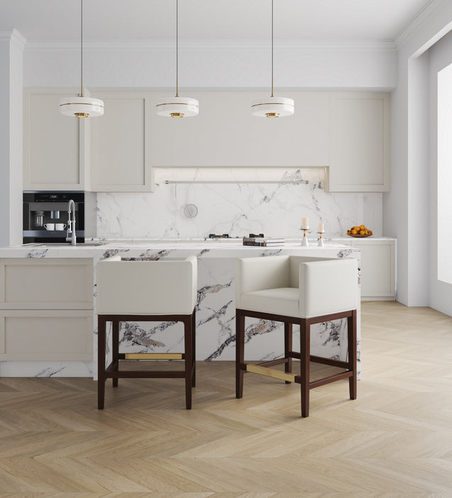 Manhattan Comfort Kingsley 34\" Beech Wood Counter Height Barstool - Ivory & Dark Walnut