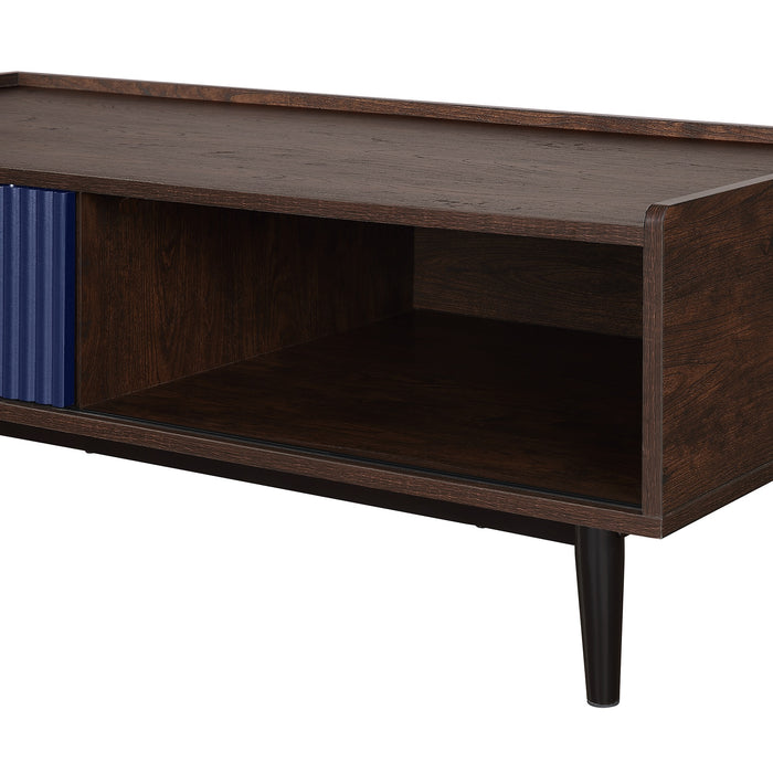 Manhattan Comfort Duane Modern Ribbed Coffee Table with Drawer & Shelf - Dark Brown & Navy Blue