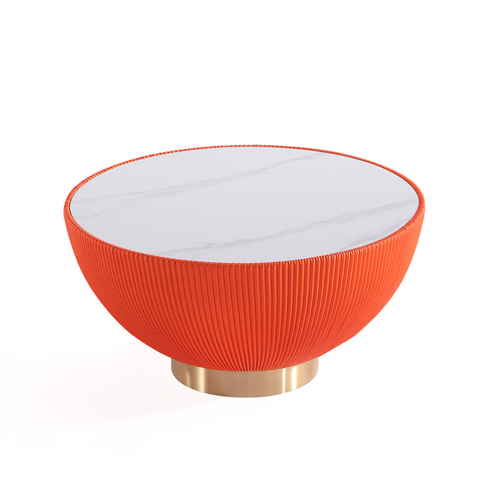 Manhattan Comfort Modern Anderson Coffee Table Upholstered Leatherette with Ceramic Faux Marble Tabletop - Orange