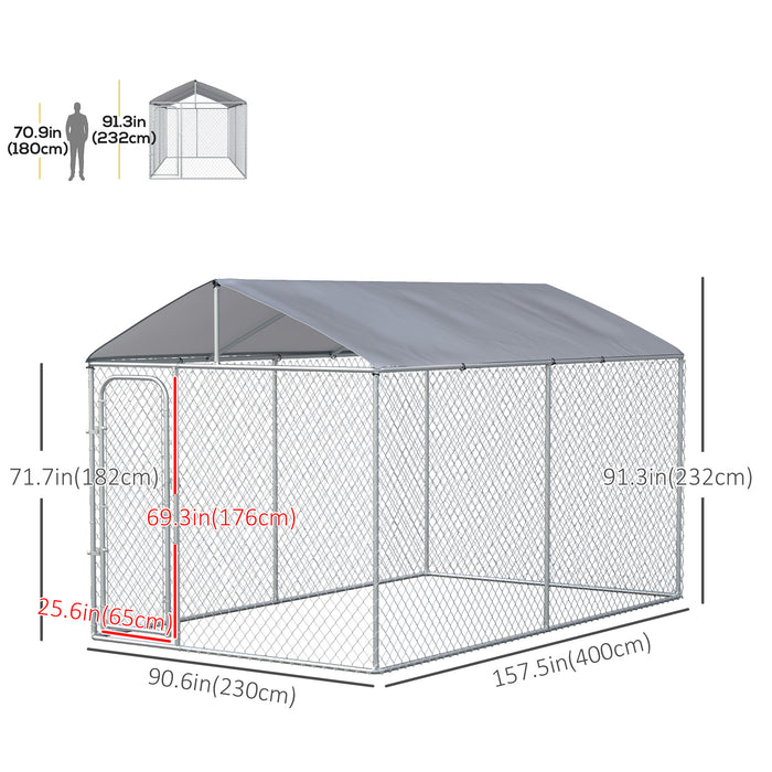 Pawhut Dog Kennel Outdoor Run Fence With Roof, Steel Lock, Mesh Sidewalls For Backyard & Patio, 13.1' X 7.5' X 7.5'