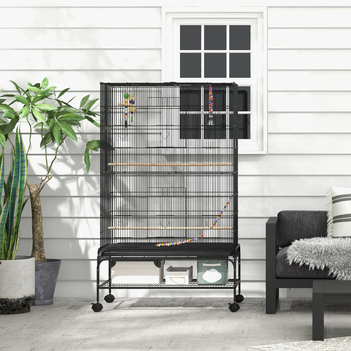Pawhut 63\" Bird Cage Open Top For Budgies Cockatiels Canaries Lovebirds Finches With Rolling Stand, Toys, Removable Tray, Storage Shelf