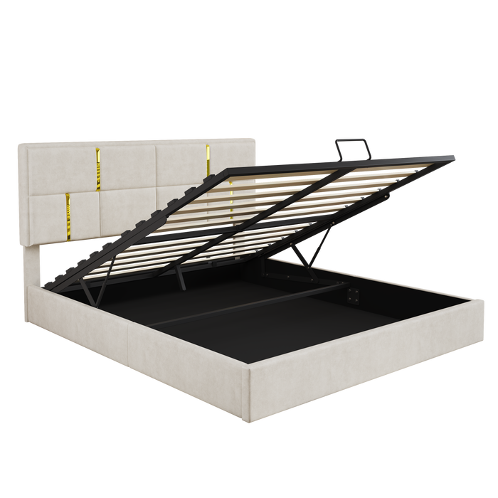 Joyce Upholstered Platform Bed With Hydraulic Storage And Velvet Frame,queen Size,beige Queen Bed