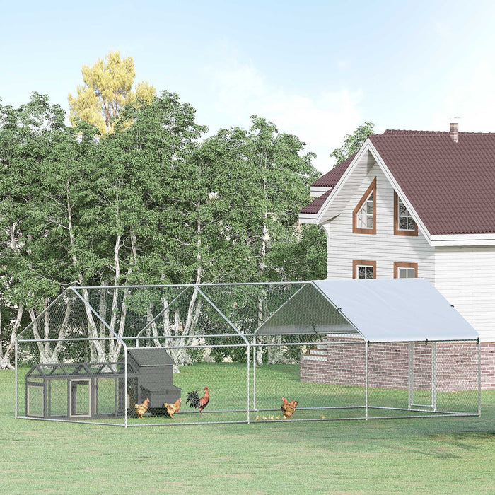 Pawhut 9.8' X 19.7' Metal Chicken Coop, Galvanized Walk-in Hen House, 3 Rooms Poultry Cage Outdoor With Waterproof Uv-protection Cover For Rabbits, Ducks