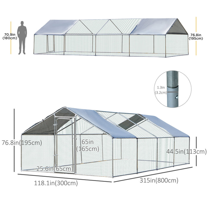 Pawhut 9.8' X 26.2' Metal Chicken Coop, Galvanized Walk-in Hen House, 4 Rooms Poultry Cage Outdoor With Waterproof Uv-protection Cover For Rabbits, Ducks