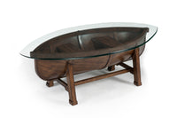 Hatfield 52” Eclectic Coffee Table with Glass Top and Canoe-Base – Dark Oak 