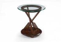Hatfield 20” Eclectic End Table with Glass Top & Carved Oars in Wood Base – Dark Oak 