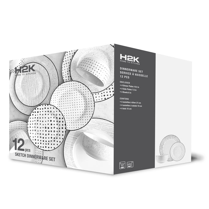 H2K Sketch 12-Piece Porcelain Dinnerware Set