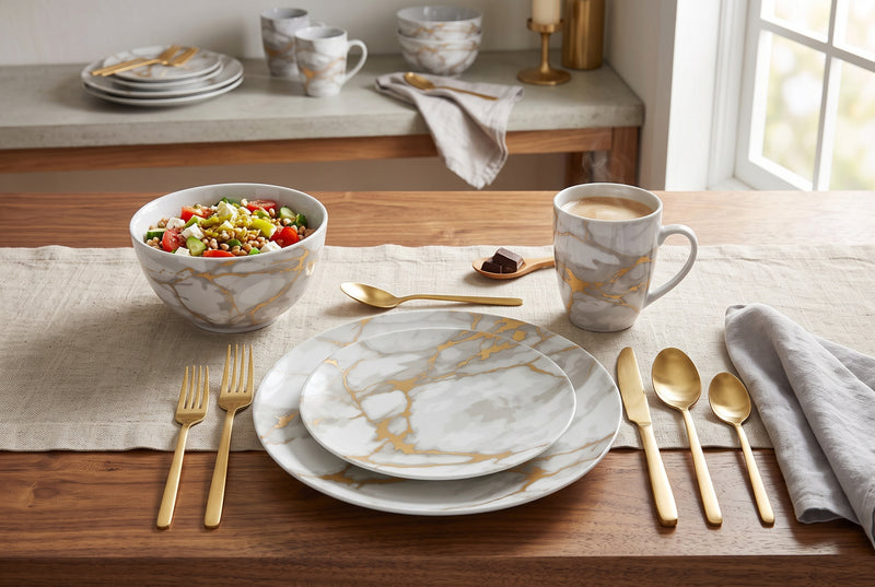 20-Piece Grey Marble Porcelain Dinnerware Set with Gold Veining & Gold Flatware