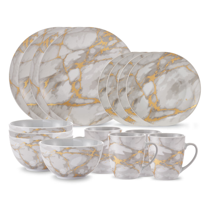 20-Piece Grey Marble Porcelain Dinnerware Set with Gold Veining & Gold Flatware