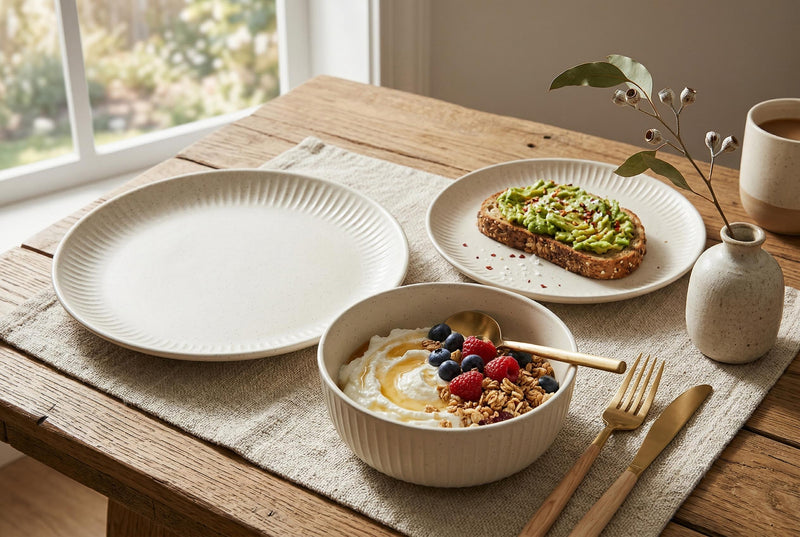 H2K Sesame 12-Piece Embossed Stoneware Dinnerware Set