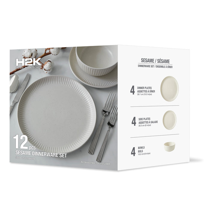 H2K Sesame 12-Piece Embossed Stoneware Dinnerware Set