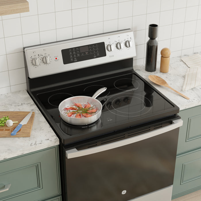 GE 5 Cu. Ft. Electric Range with True European Convection and Air Fry - Stainless Steel - JCB840STSS