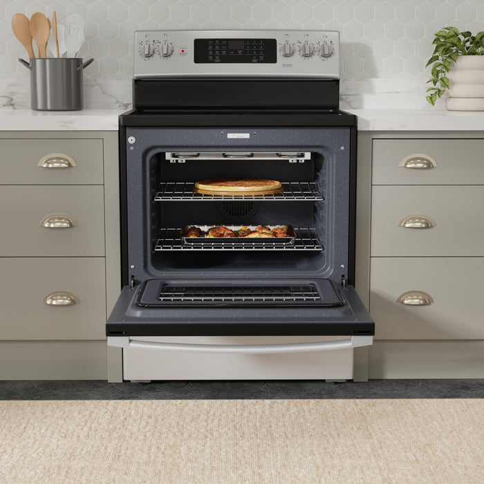 GE 5 Cu. Ft. Electric Range with True European Convection and Air Fry - Stainless Steel - JCB840STSS